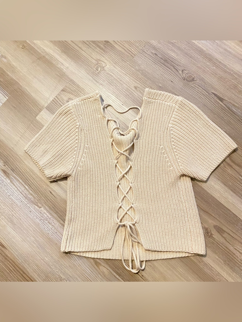 Cotton Candy Cream Lace-Up Knit Short Sleeve Top